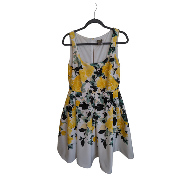 Taylor Women's 10 Floral Dress White Yellow Green Black Fit & Flare Spring - Picture 9 of 13